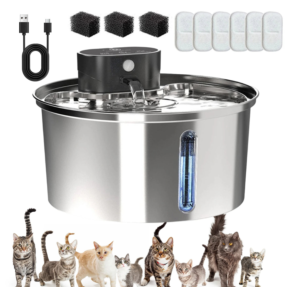 3.2L Pet Water Fountain – Multi-Layer Filtration, Stainless Steel, Quiet Pump – With Motion Sensor